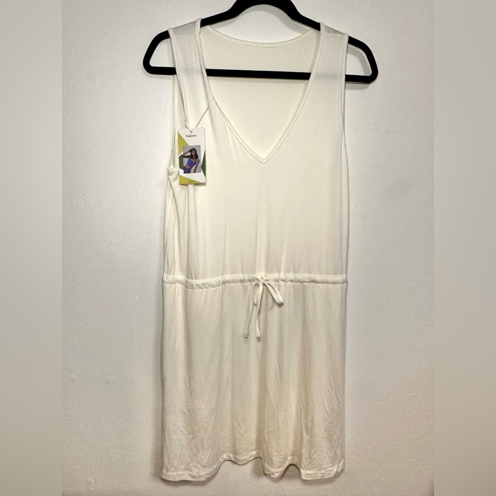 NEW Women’s Halara Light Beige Drawstring Midi Dress V-Neck with Front Pockets